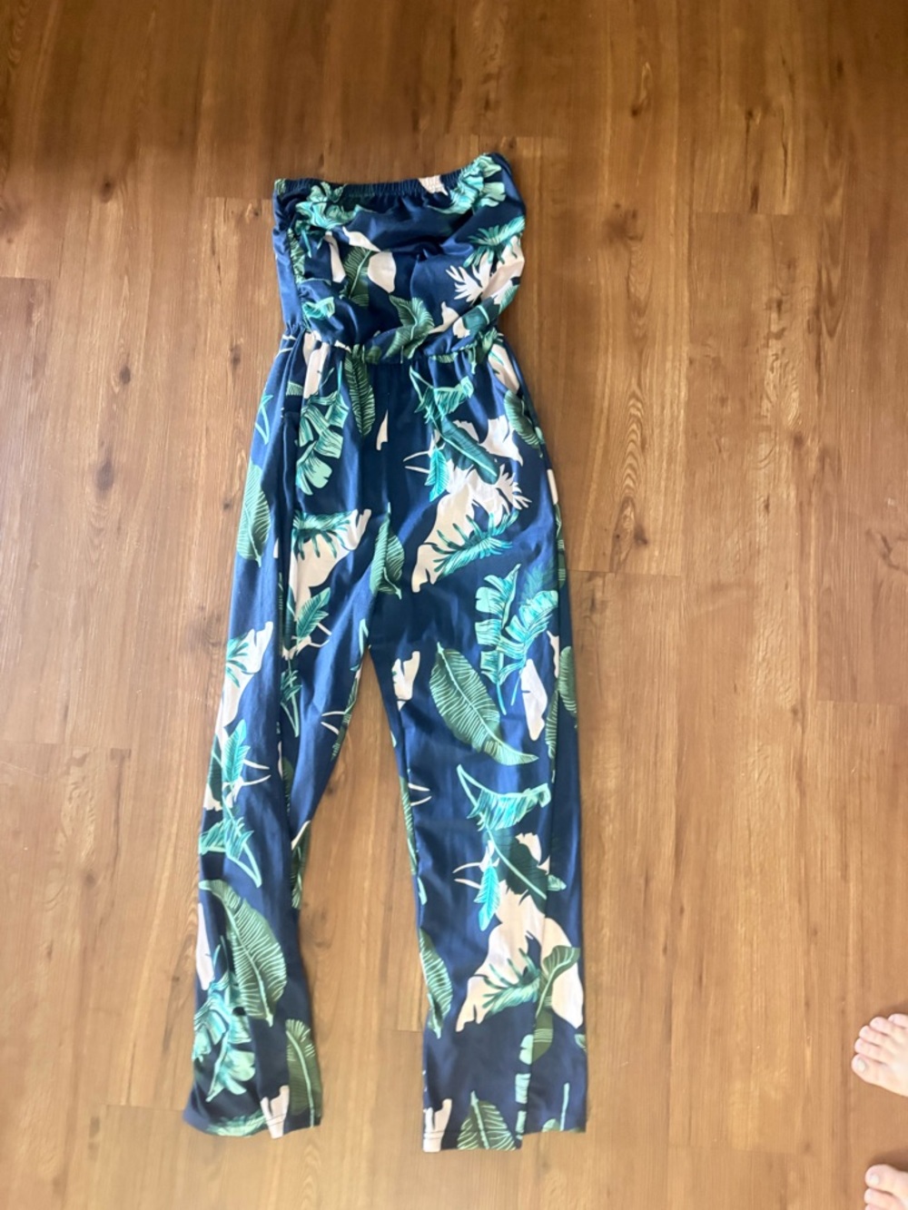 Strapless Tropical Print Jumpsuit in Navy with Green Leaf Pattern